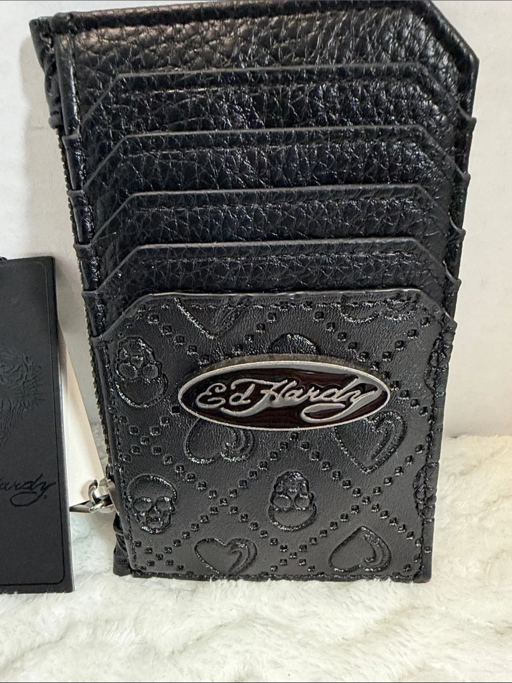 Ed Hardy Black Embossed Leather Cardholder with Logo Plate